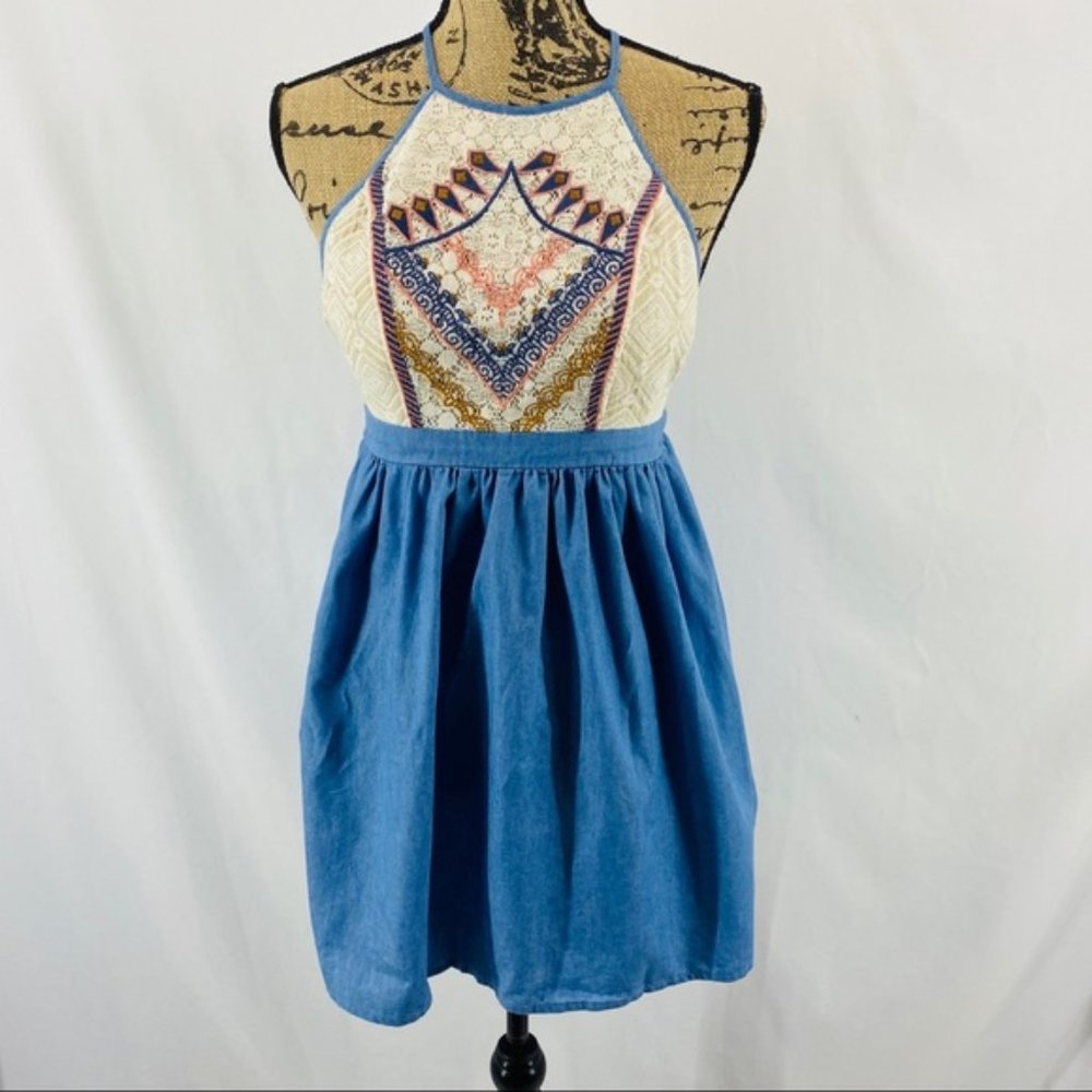 Flying Tomato Aztec Crochet Chambray Dress